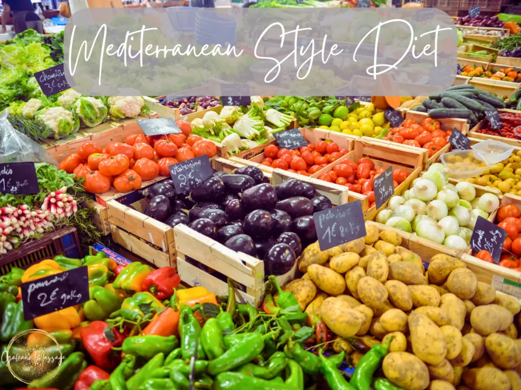 Colorful fruits and vegetables at a fresh farmers market. The title heading says "Mediterranean Style Diet". Gold and white Galeano Massage logo.